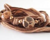 Safari Jasper and Tan Silk and Stone Wrap Bracelet