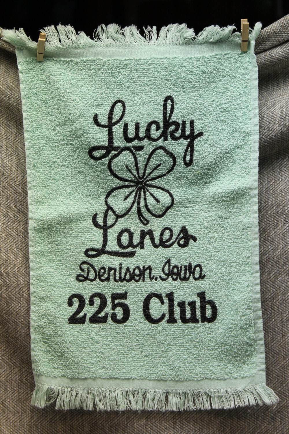 Lucky Lanes Mint Green Vintage Bowling Towel 225 Club Denison Iowa