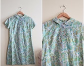 Vintage White, Pastel Purple, Green, and Blue Floral Peter Pan Collar Dress  - 1960s