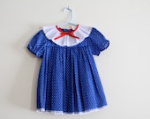 Vintage Blue and White Polka Dot Bow Collar Little Girl's Dress - 3T