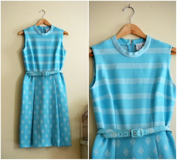 Vintage Turquoise Blue Sleeveless Retro Striped Dress - 1960s
