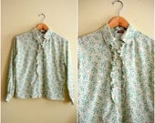 Vintage Yellow and Green Wallpaper Print Floral Ruffle Blouse  - 1970s