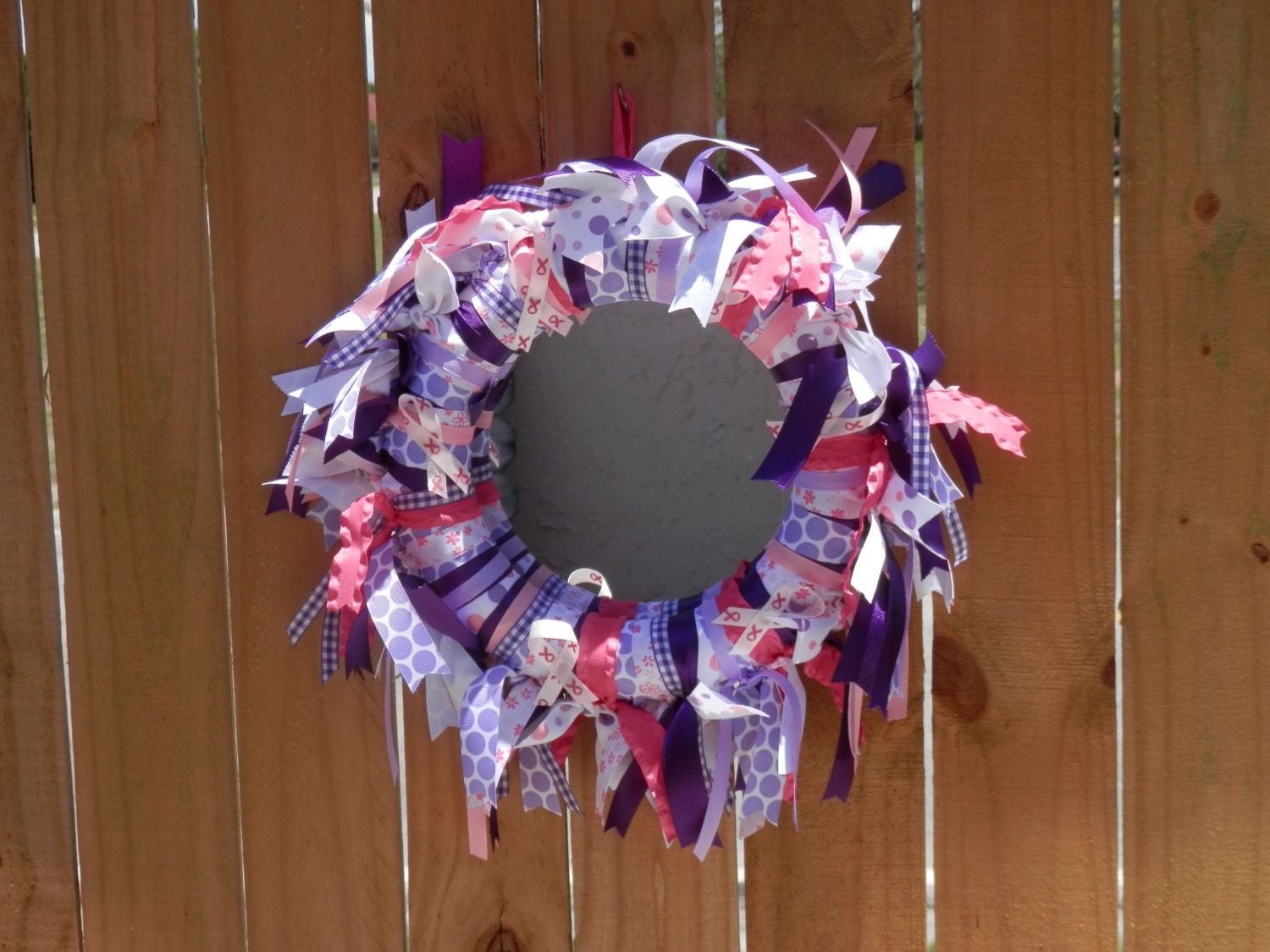 RIBBON WRAPPED MIRROR Wreath Cancer Survivor Shabby Chic Home Decor Wall Door Tabletop Decorations Purple Pink White  Theme Ribbons