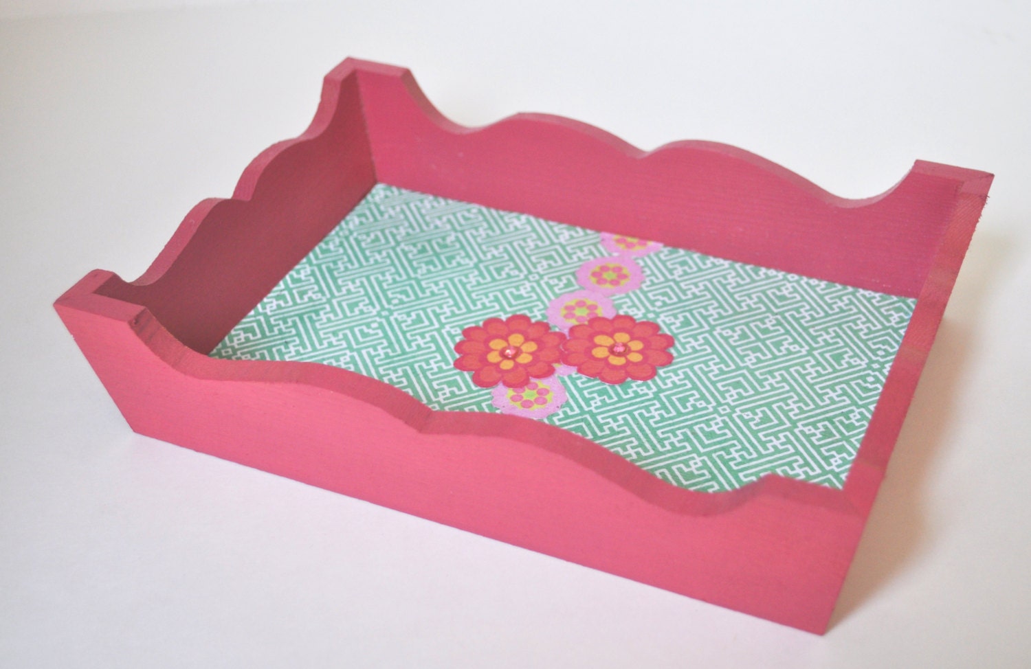 Fun Pink and Green Lattice / Floral Scalloped Wooden / Decoupage Tray