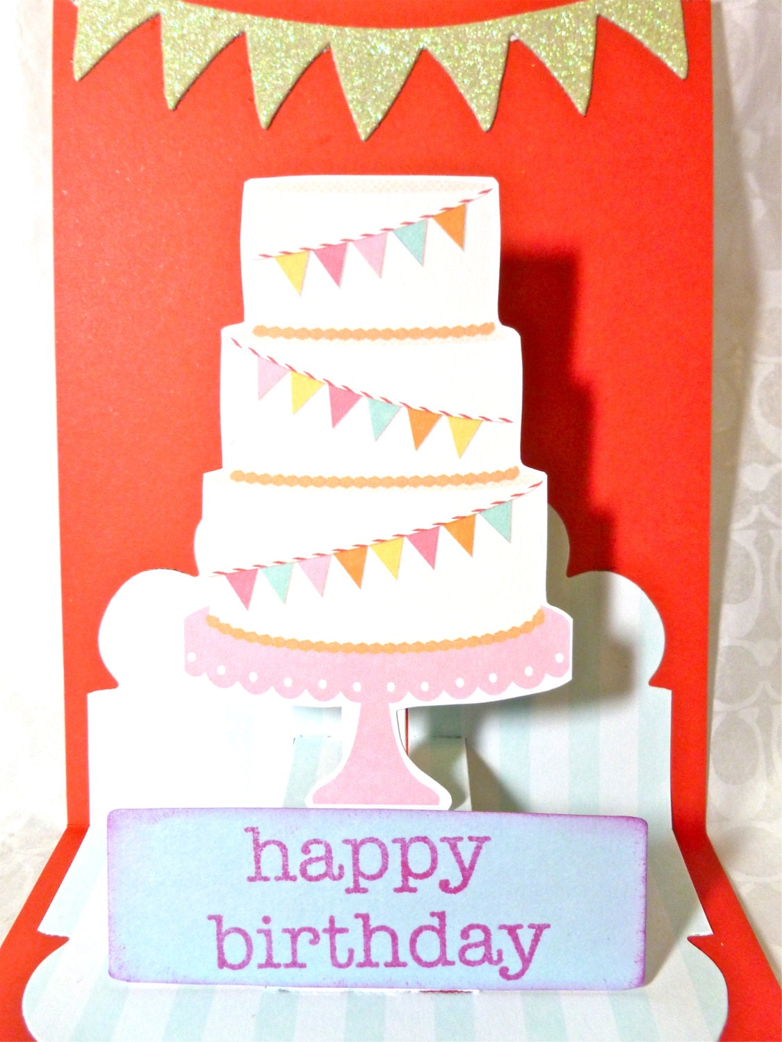 Handmade Pop Up Happy Birthday Card, Pink Birthday Cake Card, bunting and banners