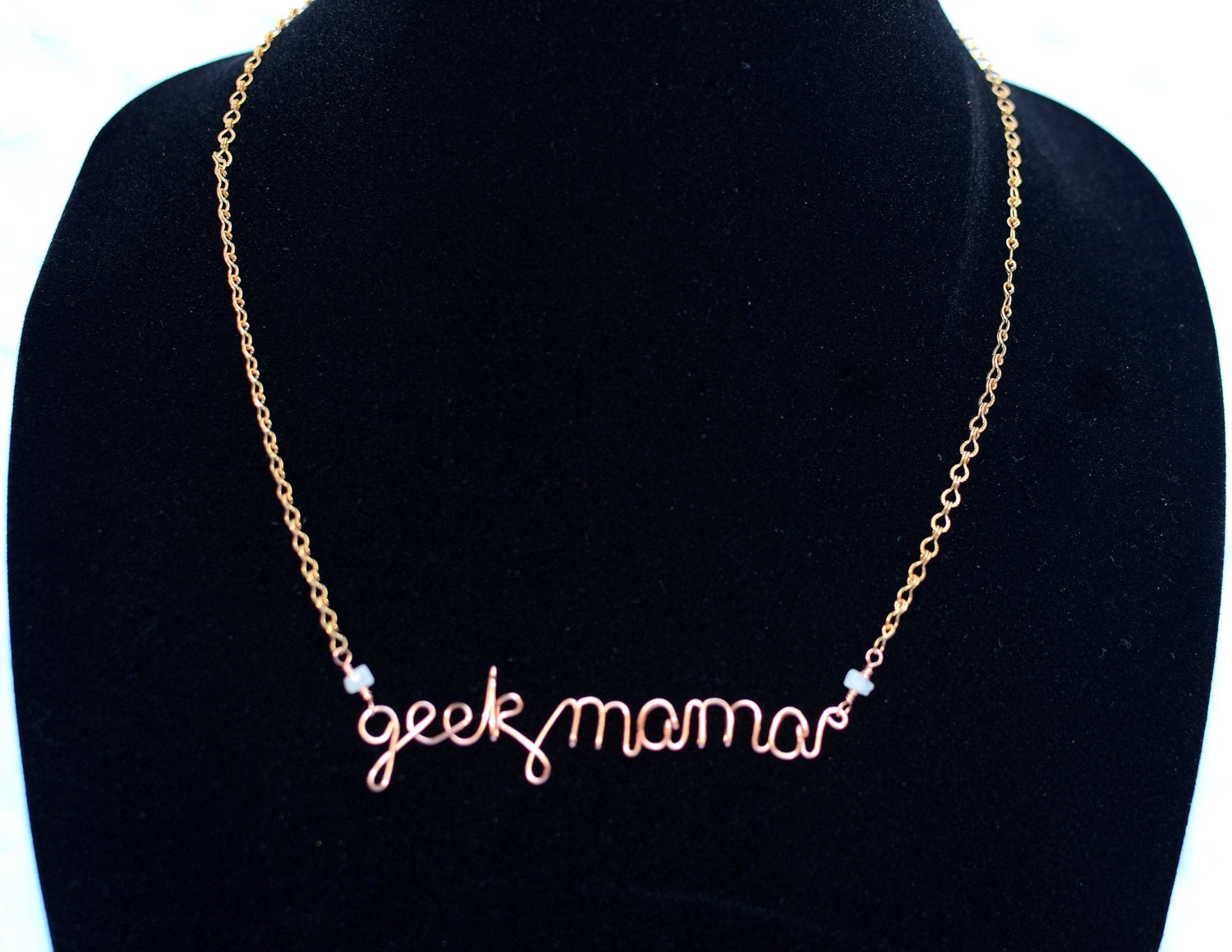 Geek Mama Geek Word Necklace -- Copper, Brass, Silver -- Geek-a-bye Baby -- Handmade, Metal, Gift