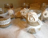 Rustic Wedding Centerpieces- Mason Burlap and Lace- Set of 5 small mason jars