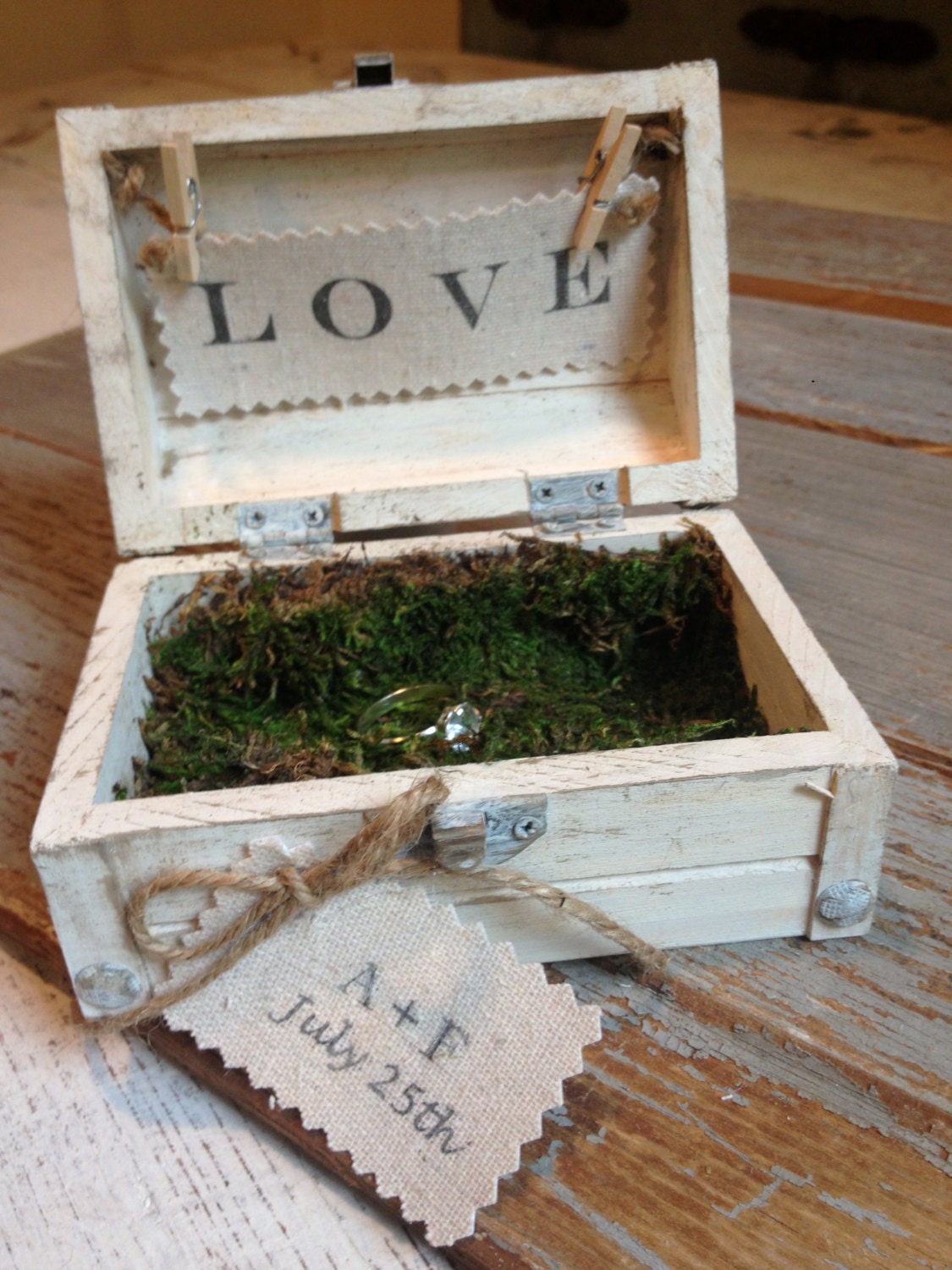 Wooden Ring Bearer Box with Moss Details-Customizable Ring Bearer Box