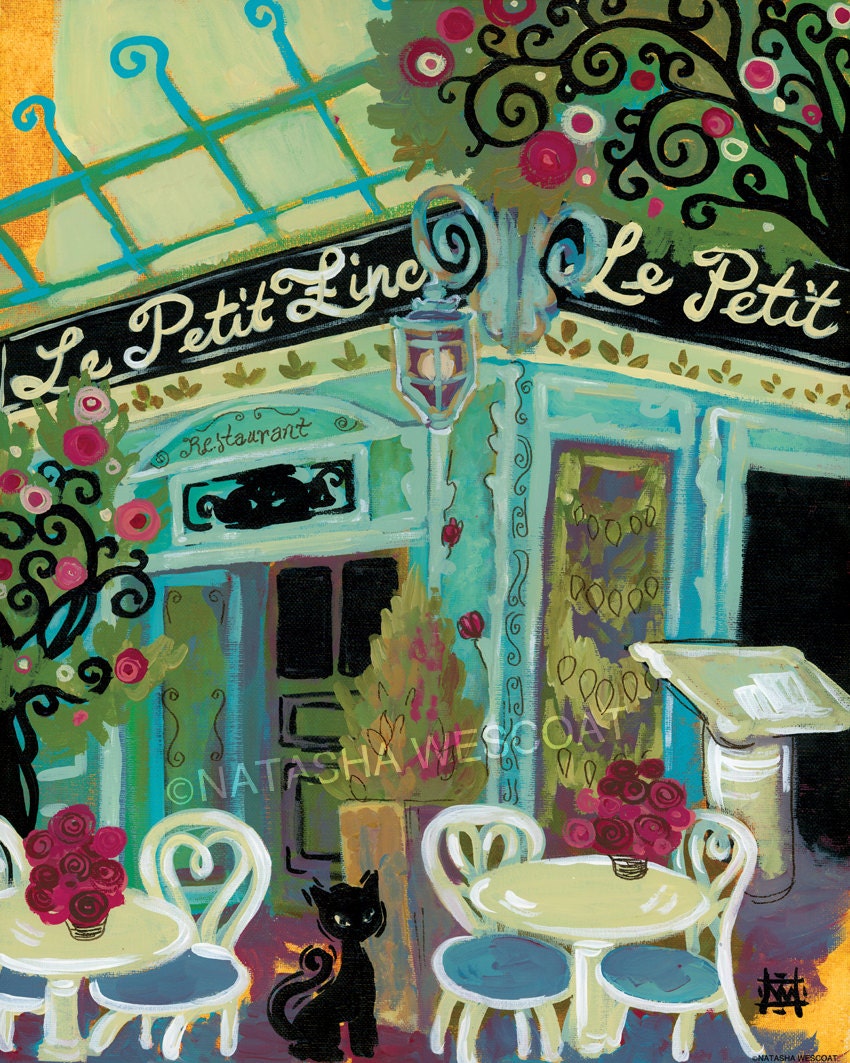 Paris France Folk ART PRINT 8x10 Le Petit Zinc Restaurant Bistro cat by Natasha Wescoat