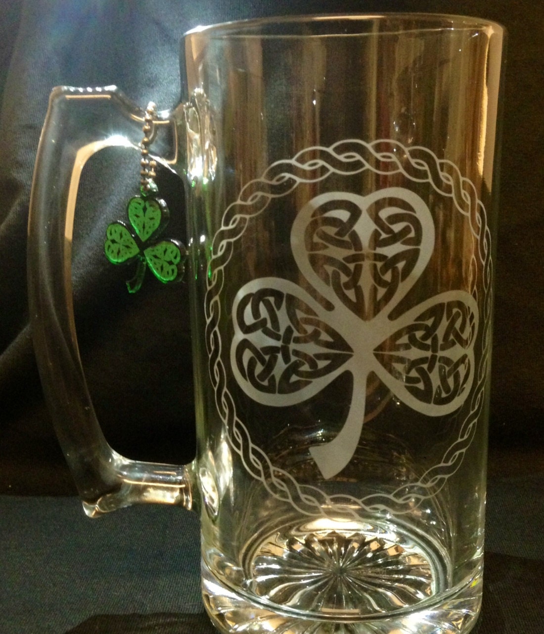 Celtic Knot Shamrock Design Custom Etched Stein Glass Saint Patricks Day With Laser Cut Charm