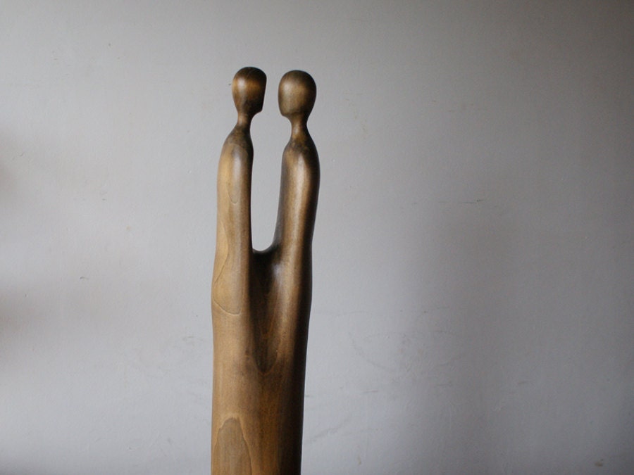 Lovers - modern wood sculpture, unique hand carved wood statue