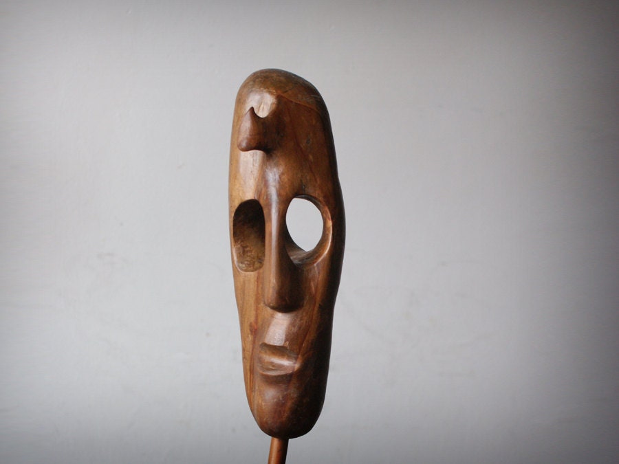Head IV -ooak hand carved wood statue, modern wood sculpture