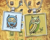 Owl and Flowers Woodland Digital Collage Sheet square 1x1 inch blue beige green Printable images for pendant 136