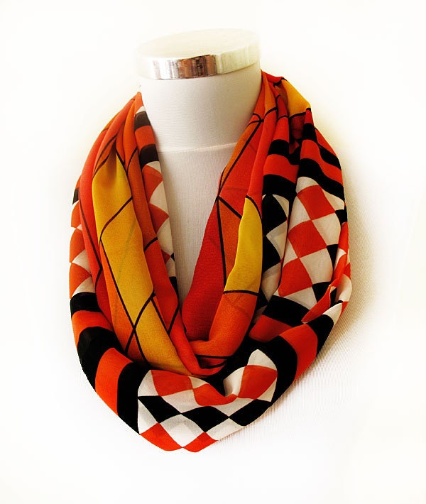 orange, red, Aztec Print scarf, MORE COLORS, geometric print  Infinity scarf, light fashion Accessories, Loop Scarf Bohemian Women'sScarves