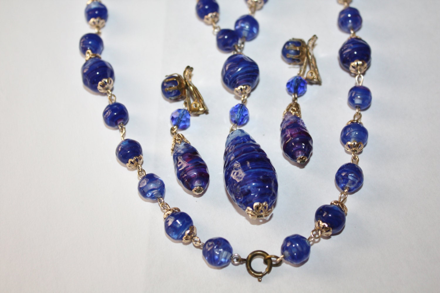 Vintage Necklace Royal Blue Swirl Art Glass Bead 1960s Jewelry Earring Set