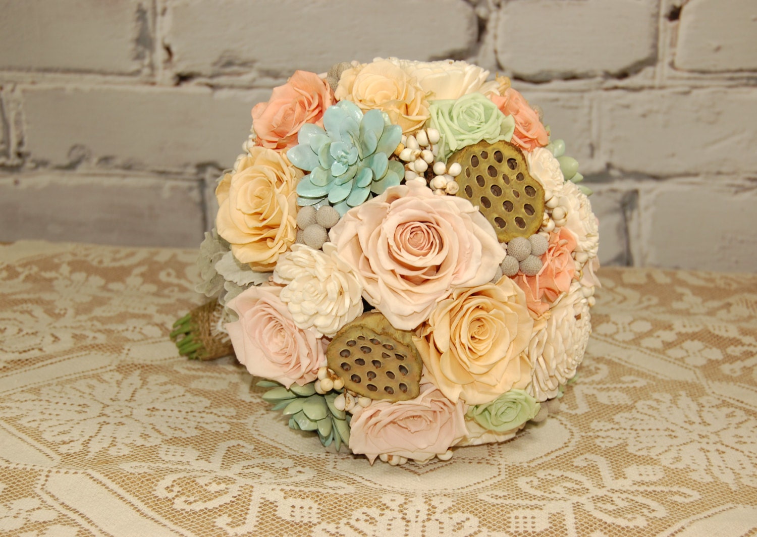 Preserved Bridal Bouquet - Roses, Succulents, Silver Brunia, Sola Flowers