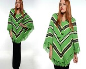 Vintage 70s Green CHEVRON FRINGED Poncho OS