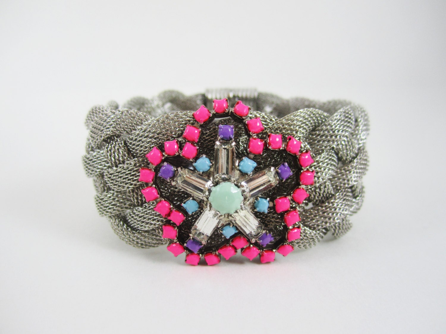 The Brandy Braided Mesh Bracelet - One Of A Kind - Vintage Hand Painred Rhinestone Center