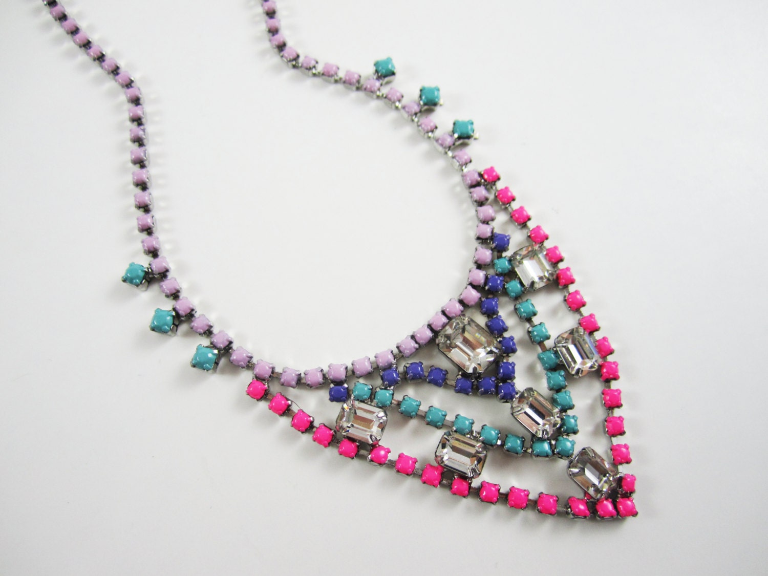 The Katie Necklace - Vintage One of A Kind 1950s Rhinestone Hand Painted Necklace - Fucshia Turquoise Purple - OOAK