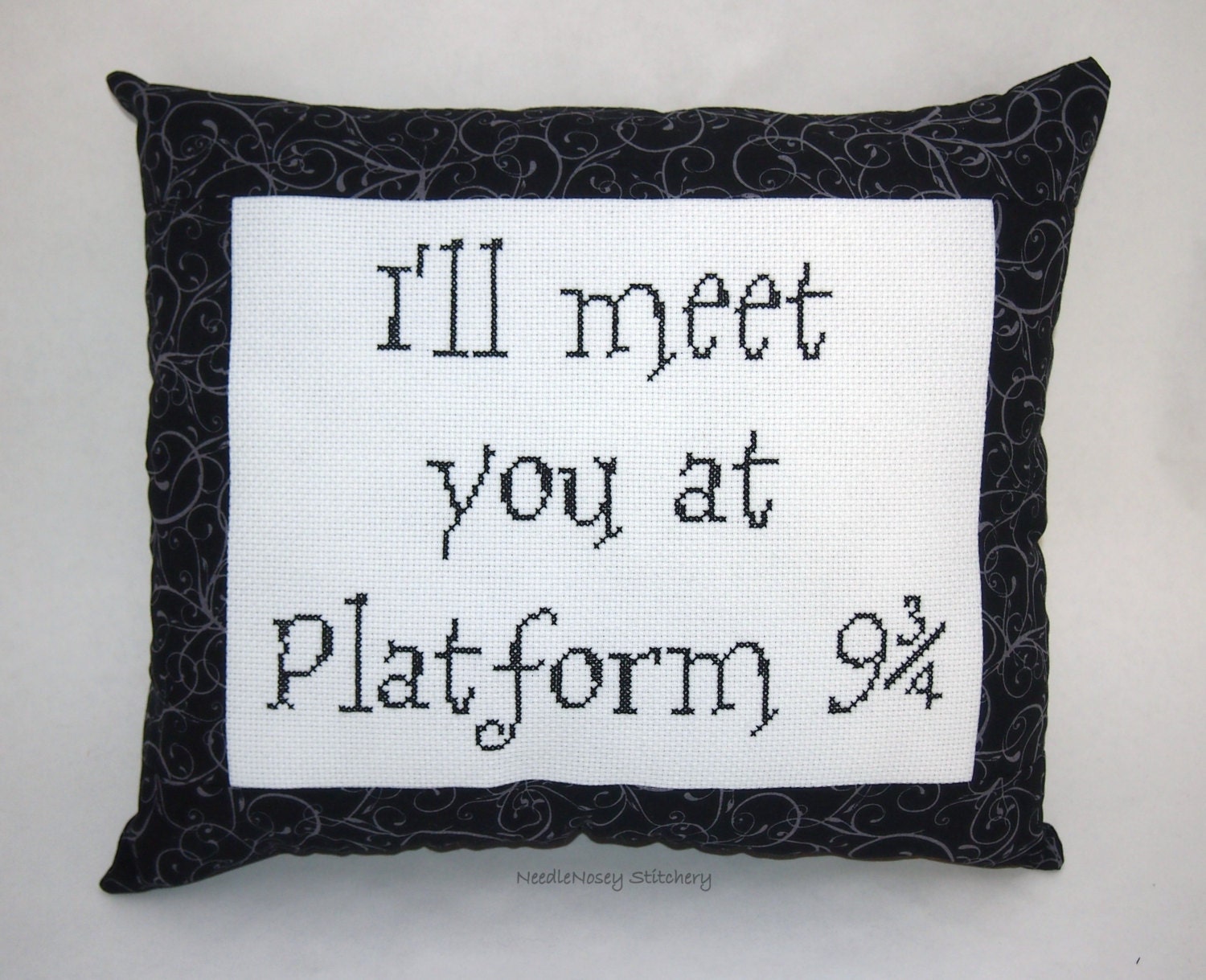 Harry Potter Cross Stitch Pillow, Black Pillow, I'll Meet You At Platform 9 3/4
