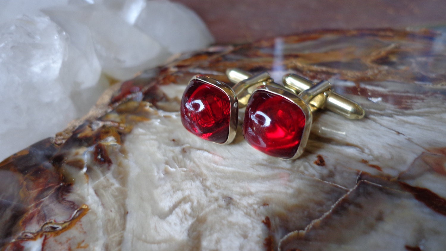 Vintage Red Glass Domed Gold Tone  Pyramid Cufflinks
