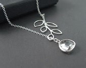 Branch Lariat Necklace with Crystal Glass Drop, Sterling Silver Chain, Wedding Jewelry, Bridal, Bridesmaid Necklace