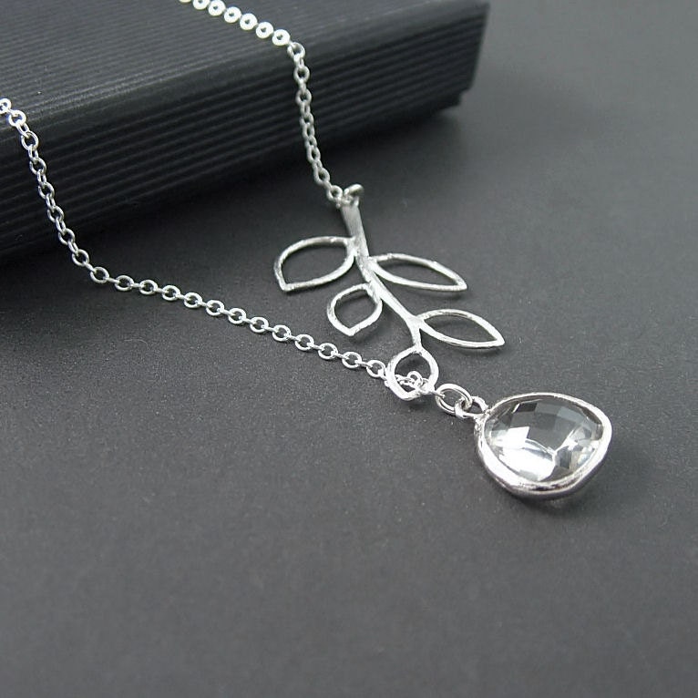 Branch Lariat Necklace with Crystal Glass Drop, Sterling Silver Chain, Wedding Jewelry, Bridal, Bridesmaid Necklace