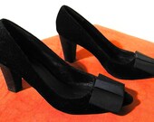 SALE, was 55....Black VELVET Pumps with GLITTER Heel & Grossgrain Bow, So Alexa Chung, size 8