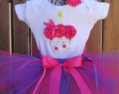 CHERRY BLISS  - 3D Cupcake 1st Birthday Set Includes Tutu, 3D Cupcake Onesie and Free (1) Flower Headband- 1st 2nd 3rd 4th 5th bday