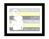 Baby Name Art Print - Elephant Print - Nursery Art - Custom Baby Shower Gift - Personalized New Baby Gift - Birth Stats Print