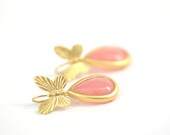 Matte Gold plated earrings Butterfly   Jade  Gemstone Pink Drop Pastel Lux  Jewelry Traditional