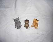 Cute Owl pins and charm owl brooch pin goldtone rhinestone eyes and pewter owl pin and charm