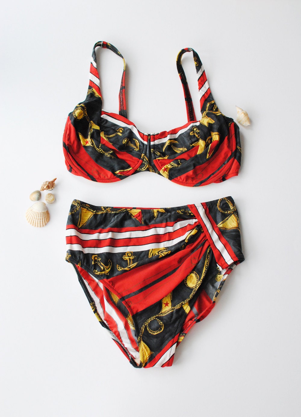Vintage Bikini -Retro Full Bottom bikini -Underwire Bikini set -Nautical Swimsuit -Bra style Bathers -Size 44 D Cup