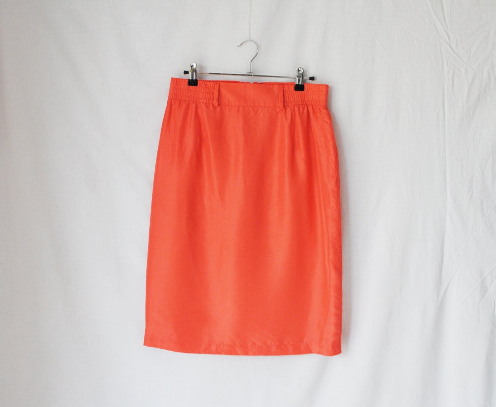 Silk Skirt // High Waist Pencil Skirt // Coral High Waisted skirt // Vintage Summer Office wear