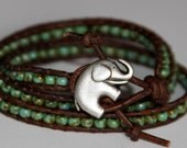 Leather Wrap Bracelet, Rustic Turquoise, My Lucky Charm, Lucky Elephant, 3x wrap bracelet