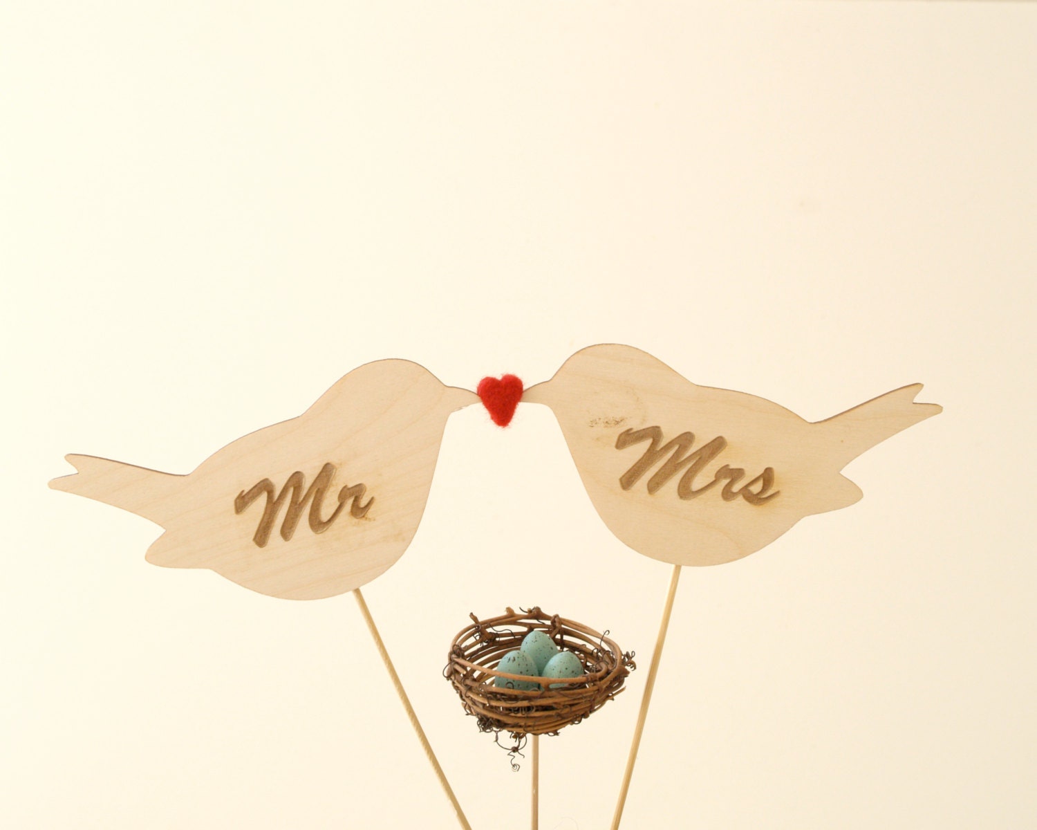 Mr Mrs Wedding Cake Topper Love Birds Nest, Wood, Unique Woodland, Needle Felted Bride and Groom, eggs Cute red Heart, turquoise