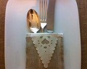 Set of 6 rustic cutlery holders, linen and laser cut hearts, sleeves