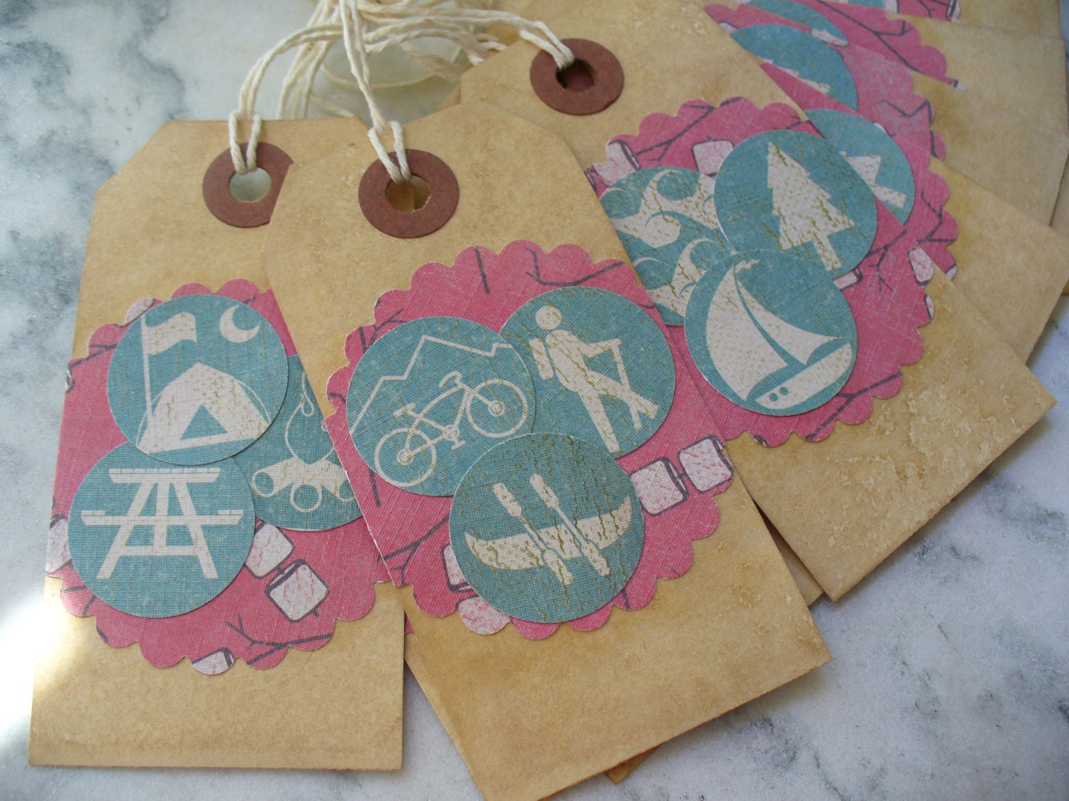 Set of 12 Aged Hang Tags Primitive Stained Vintage Look with Campers, Hikers and Boaters Design, Birthday Gift Tags, Party Favor Tags