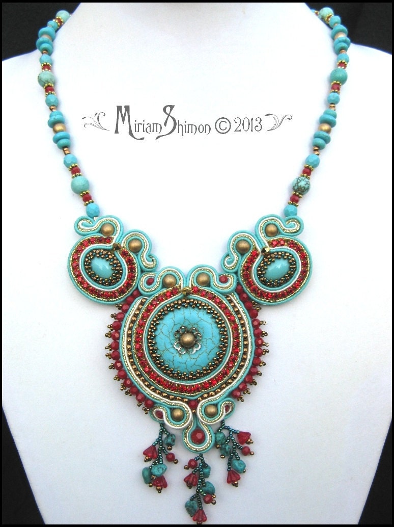 Soutache necklace in Turquoise, Red and Gold