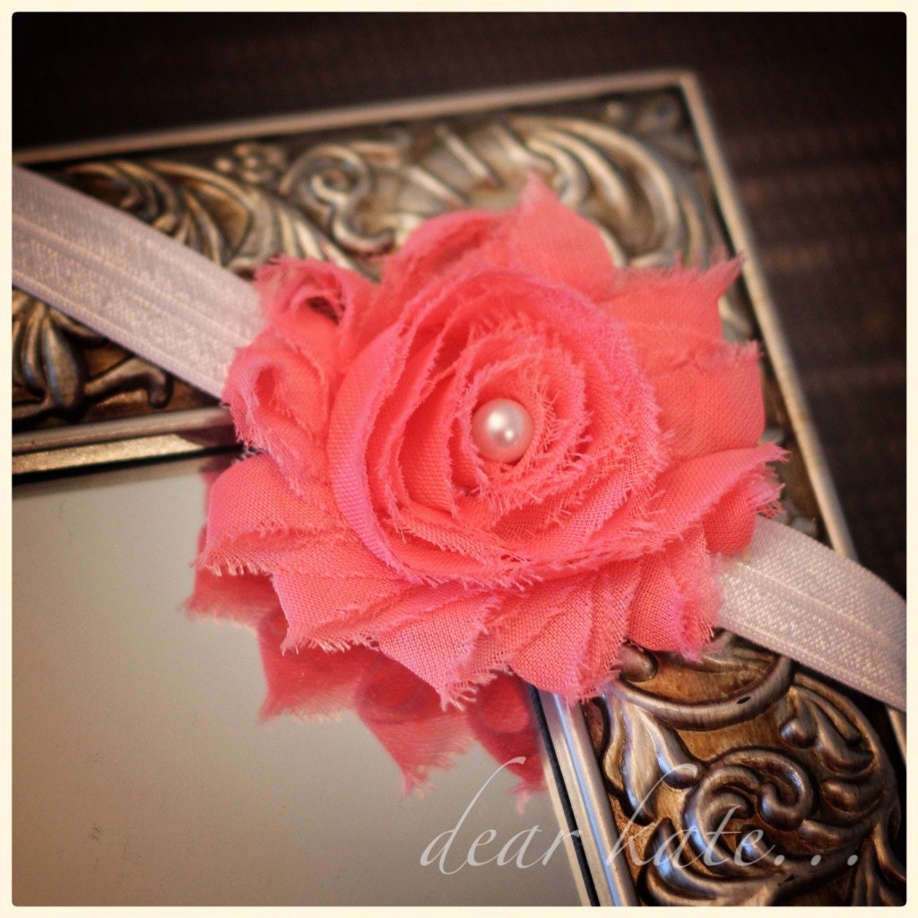 Handmade Shabby Chic Infant/Toddler Elastic Headband with Pink/Coral Rosette and Pearl Button
