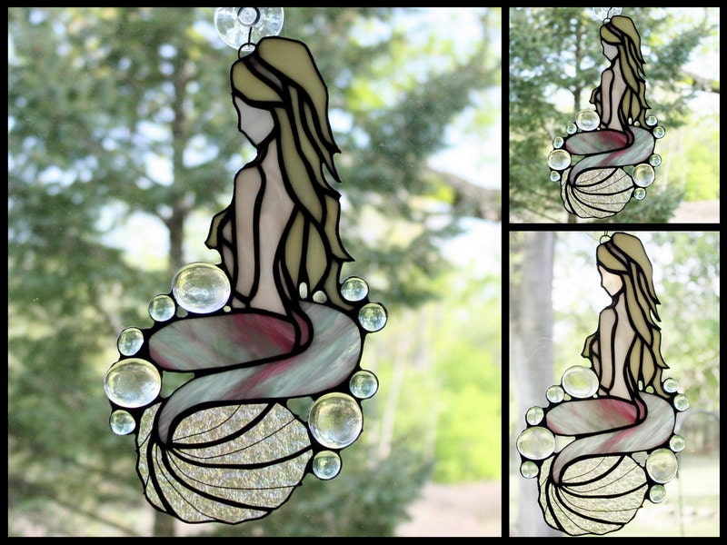 Stained Glass Mermaid Large 12" Suncatcher Freeform Panel