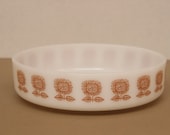 Round Casserole or Baking Dish Federal Milk Glass Brown Sunflower Design 1960's