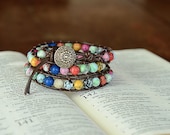 Multicolored Bead and Leather Wrap Bracelet