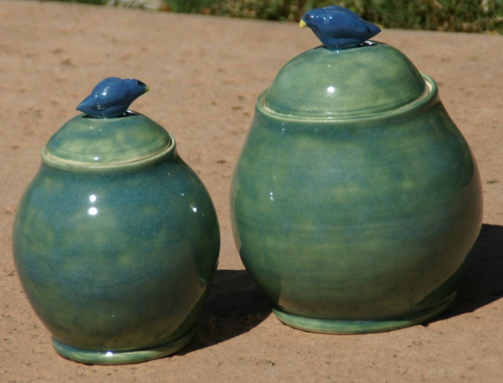 Two Green Lidded Jars with with blue bird knobs - hand-thrown, stoneware pottery, cookie jar, surgar jar, tea jar, coffee jar