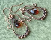 Copper dangle earrings - wire wrapped teardrop with topaz faceted glass bead