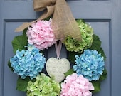 Blue, Pink and Yellow Hydrangea Wreath for Spring with Burlap Ribbon and Off-White Heart Accent