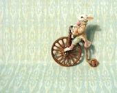 Jill Dianne- antique style tiny Mechanical toy Easter Bunny Rabbit on a Penny-farthing / bicycle - Dollhouse Miniature - JillDianneArt