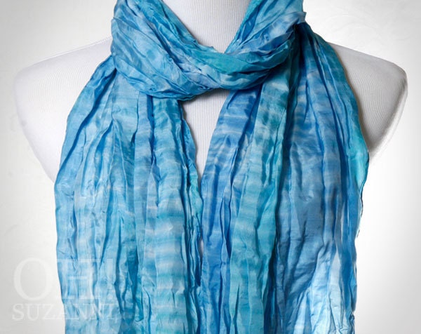 Hand Dyed Shibori Silk Scarf // Summer Blue Striped Scarf. Large Crinkled Silk Scarf.