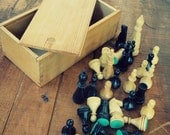 Vintage Wood Chess Set, Staunton Style, Storage Box, 32 Pieces,