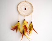 Small Dream Catcher - Summer Sunshine - With Brown Gemstone Amulet, Yellow and Brown Feathers - Home Decor, Nursery Mobile